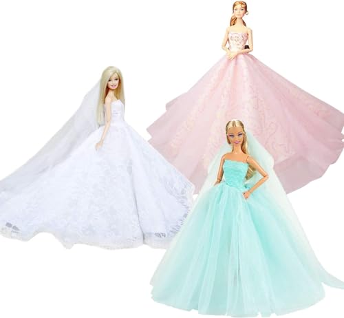 Abree 3 Stück Kleider Set Abendkleid Ballkleid Prinzessin Kleidung Dress Bekleidung mit Brautschleier für Puppen Weihnachten Party Geschenke (A)