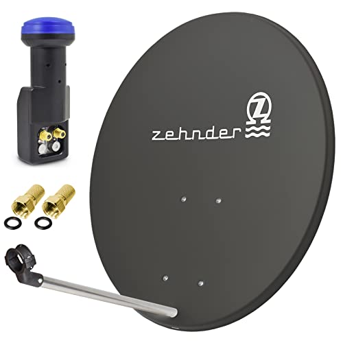 Zehnder 80cm Spiegel Schüssel Stahl + Twin LNB | 2 Teilnehmer SAT Anlage HD Digital Set anthrazit | DVB-S/S2 Full HDTV 3D 4K Ultra HD UHD Empfang