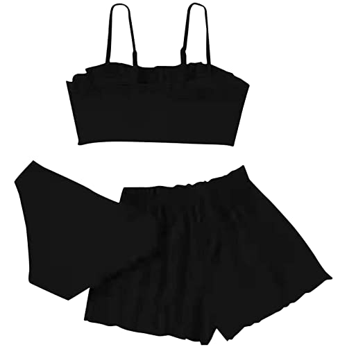 3 Teiliges Mädchen Bikini Sets Einfarbig Badeanzug Verstellbare Bikini Oberteil+Triangel Bikinihose+Kurz Shorts Sommer Strand Schwimmanzug Bademode Badebekleidung für 8-16 Jahre (Schwarz, 12-14 Jahre)