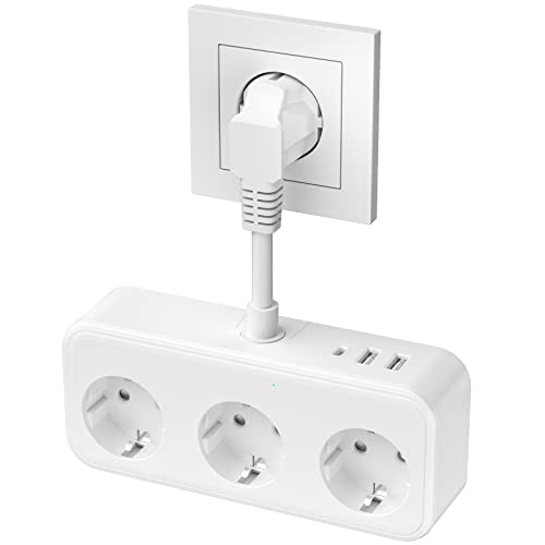 Doppelstecker für Steckdose, Mehrfachsteckdose mit USB, 3 Fach, 6 in 1 Steckdosenadapter Verteilersteckdose, 0.1M Kurz Verlängerungskabel Mehrfachstecker, für Büro, zu Hause - Weiß KEAGAR