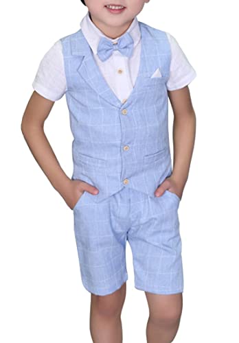 LOLANTA 4 STK. Kleinkind Junge Sommerhochzeit Baumwolle/Leinen Mischung Kids Weste Kurze Set-Seite Junge Anzüge, Weste Anzüge,Blau,110-116 (Tag 120)