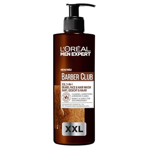 L'Oréal Men Expert XXL 3-in-1 Bartshampoo für Männer, Bartseife für Bart, Gesicht und Haar, Herren Bartpflege gegen Schuppen mit ätherischem Zedernholzöl, Barber Club, [Amazon Exclusive], 1 x 400 ml