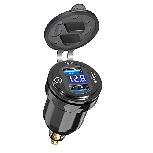 Qidoe DIN Hella Stecker auf USB Adapter, Dual QC 3.0 Motorrad mit Voltmeteranzeige, Aluminium USB Ladegerät für 12V-24V Ducati, Triumph, BMW im europäischen Stil