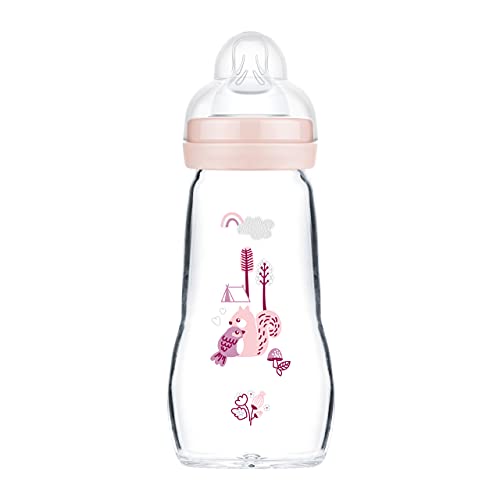 MAM Feel Good Babyflasche aus Glas (260 ml), Milchflasche mit weiter Öffnung, stabile Baby Trinkflasche mit Sauger Gr. 1, ab der Geburt, Eichhörnchen/Vogel