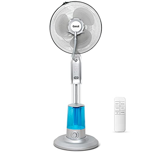 Gotoll Standventilator mit Luftbefeuchter und Fernbedienung, Ventilator Frosty mit Wasser Ultraschall-Sprühnebel Wasserkühlung, Stand-Ventilator mit Timer, Oszillierend Nebelventilator, Weiss