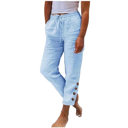 Jogginghose Damen Sommer Modische, Sale Leinenhose Leicht Luftig, Stoffhose Mit Gummizug, Einfarbige Damenhose Aus Baumwolle Und Leinen Mit Lockerem Kordelzug Und Knopf, Lässige Hose Mit Weitem Bein