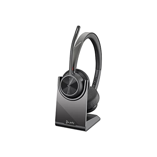 Poly – schnurloses Voyager 4320 UC-Headset mit Ladestation (Plantronics) – Kopfhörer mit Mikrofonarm – USB-A-Bluetooth-Adapter – kompatibel mit Teams (zertifiziert), Zoom und mehr, Schwarz