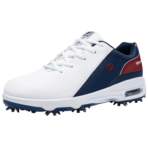 Fenlern Herren Golfschuhe Anti-Rutsch-Leichte Outdoor Golfschuh mit Spikes für Männer Golf Training (Weiß Dunkelblau, 43)