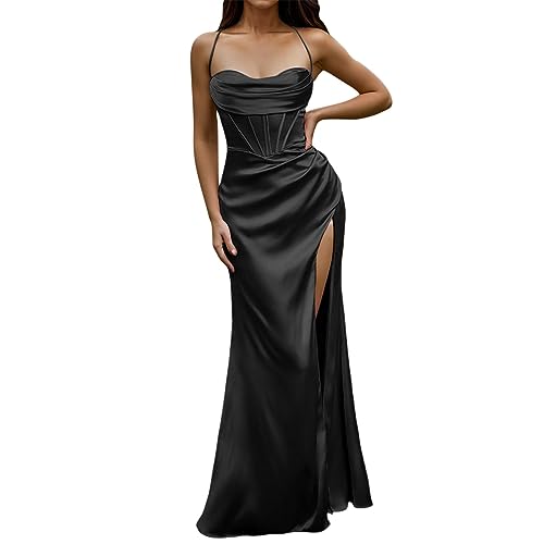 ZYPAINIY Frauen Sexy Satin Korsett Maxi Kleid Seidig Strap Push Up Fishbone Geraffte Abend Party Lange Kleider Abendkleider Für Hochzeitsgäste (Black, S)