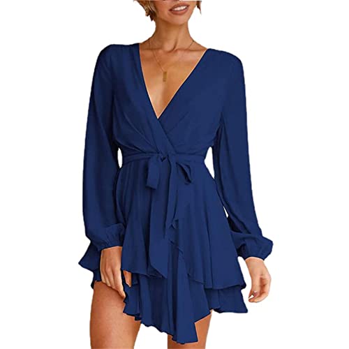 Damen Langarm V-Ausschnitt Sommerkleid Kurzen Tunika Strandkleid Mit GüRtel Einfarbig Faltenrock Kleid (S,Blau)