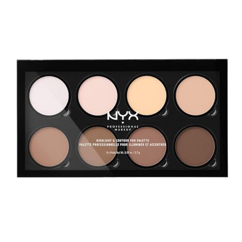 NYX Professional Makeup Highlight & Contour Pro Palette, Puder Konturen Kit, 8 verblendbare Matte und Perlmutttöne