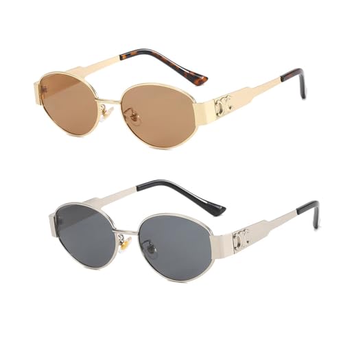 BSITSSS 2 Paar Retro Ovale Sonnenbrille Damen Herren, Metal Moden Sunglasses, UV Schutz Sonnebrille, Klassiker Sonnen Brille, Sonnenbrill für Radfahren Laufen Reisen Campingplätze