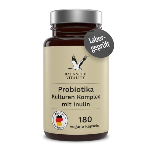 Balanced Flora Kulturen Komplex - 20 Mrd. KBE je Tagesdosis - 180 vegane Kapseln 3 Monatsvorrat - 20 Bakterienstämme + Inulin - magensaftresistent - ohne Zusatzstoffe - Balanced Vitality