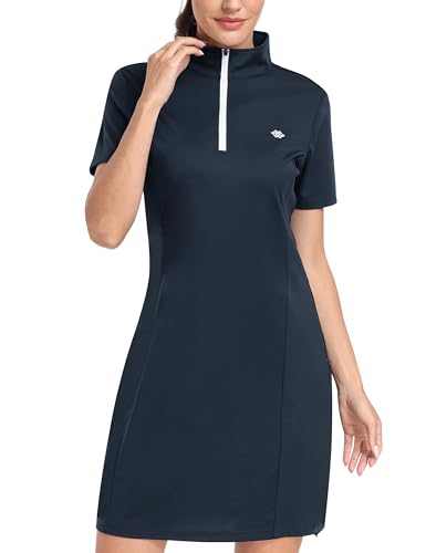 MoFiz Damen Kleider Sommer sportkleid Polo Kleid golfkleid Baumwolle tenniskleid mit Reißverschluss Blau-B L