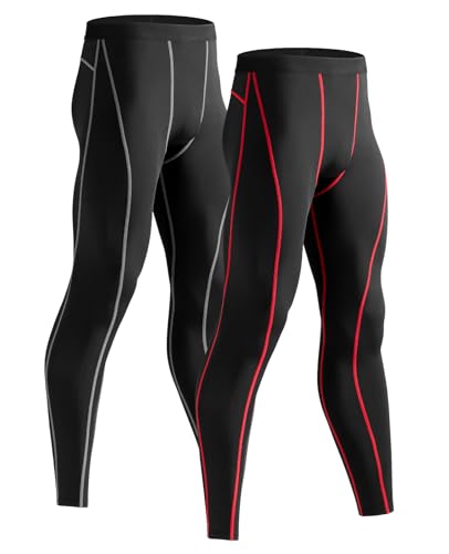 Niksa Sport Leggings männer 2er Pack, Herren Tight lang Quick Dry Kompression Hose für Fitness Workout Gym Joggen(Schwarz&Rot,Schwarz&Grau,M)