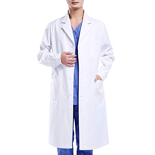 Wafly Unisex Weiß Laborkittel Chemie Baumwolle Schutzkleidung mit knöpfen und Tasche Damen Herren Langarm Laborkittel Arzt Medizin Mäntel Medizinische Uniform für Arbeit, Studium,Labor,L