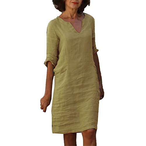 Henagehde Mitellanges Kleid für Damen, Baumwolle und Leinen, Arbeitskleid, elegant, lässig, einfarbig, kurze Ärmel, Baumwolle, Leinen, Maxikleid, Baggy, locker, mittellang, Strandkleid, Damenkleid,