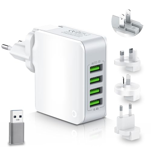 Reiseadapter Weltweit 4 USB Universal Reisestecker Adapter Ladegerät 22W, Internationaler Steckdosenadapter Travel Adapter Weltreise Steckdose Netzteile für USA UK EU AUS Europa England Thailand