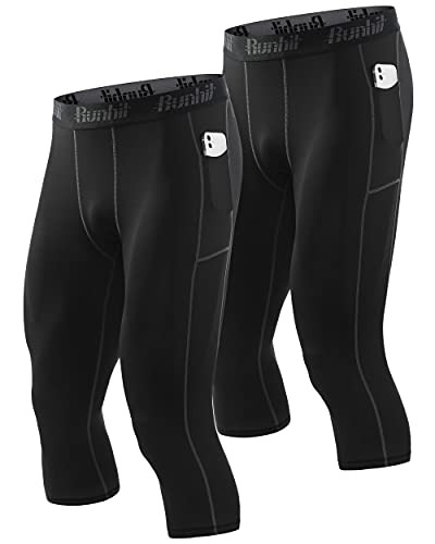 Runhit 3/4 Kompressionshose Herren mit Taschen Leggings Sporthose Atmungsaktiv Laufhose Herren Lang 3/4 Lauftights Trainingshose