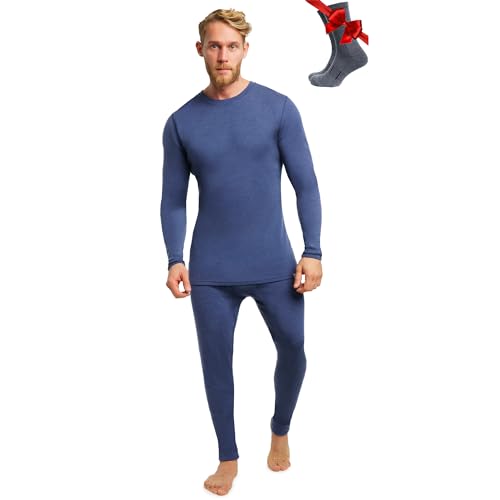 Merino.tech Merino Wool Baselayer Herren Set - Mittelschwer Merino Wool Thermounterwäsche für Herren Long John Set - Oben und Unten (Large, 250 Windsor Blue)