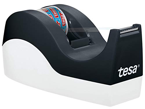 tesa EasyCut ORCA - Dispensador de Cinta Adhesiva - Dispensador con Base Antideslizante para Mesas y Escritorios - Incluye 1 Rollo de Cinta tesafilm 10m x 19 mm - Negro y Blanco