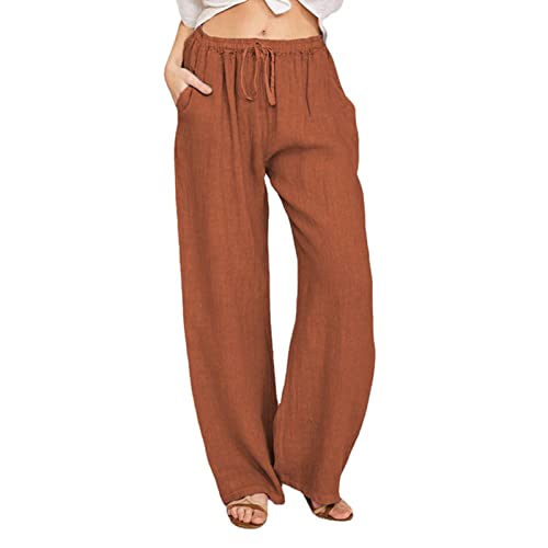 Damen Leicht Sommerhose Casual Hose Baumwolle Leinenhose Stoffhose Bequeme Luftige Freizeithose Strandhose Yogahose Breite Hosen Taille Lange Kordelzug Lässige Elastische Bein Solide 33