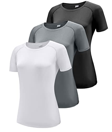 Damen 3er Pack Kurzarm T-Shirts, UPF 50+ Sonnenschutz Schnelltrocknend Funktionsshirt Laufshirts, Atmungsaktiv Kurzarm Sportshirt Gym Yoga Top Workout Fitness Oberteil Black/White/Grey 3P11-S