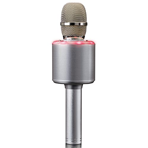 Lenco BMC-085 Karaoke-Mikrofon - Bluetooth 5.0 - Lautsprecher mit 5 Watt RMS - Eingebauter Akku mit 1200mAh USB-Anschluss und Micro SD - AV-Ausgang - LED-Ringlicht - Silber