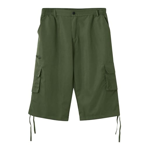 QWUVEDS Kurze Hosen Herren Herren-Cargo-Shorts für Frühling Sommer, Straße, Freizeit, Sport, mehrere Taschen, Kordelzug, Stretch-Taille, Farbe Karierte Cargohose Kurze Hosen Herren Cargo (Green, XL)