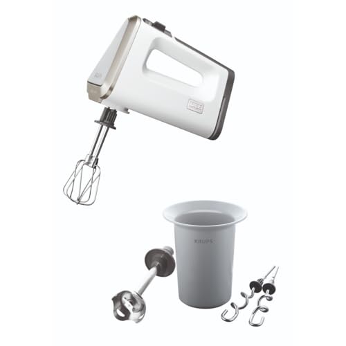 KRUPS Handmixer 3 Mix 9000 Deluxe Pürierstab GN9031, stufenlose Geschwindigkeiten mit langsamem Start +Turbotaste, Schneebesen & Knethaken aus Edelstahl, Stabmixer und Messbecher inkl. Weiß, 500 Watt