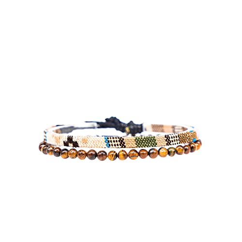 2er Set Surfer-Armband Herren & Damen • 100% Wasserfest & Handmade • Perlen-Armband Boho Stoff-Armband • Hippie Sommer Strand-Schmuck • Freundschaftsarmbänder für Ihn & Sie (Safari & Tigerauge)