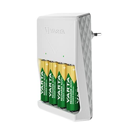 VARTA Akku Ladegerät, inkl. 4X AA 2100mAh, Batterieladegerät für wiederaufladbare Batterien, lädt 2 oder 4 AA/AAA gleichzeitig, Plug Charger, weiß