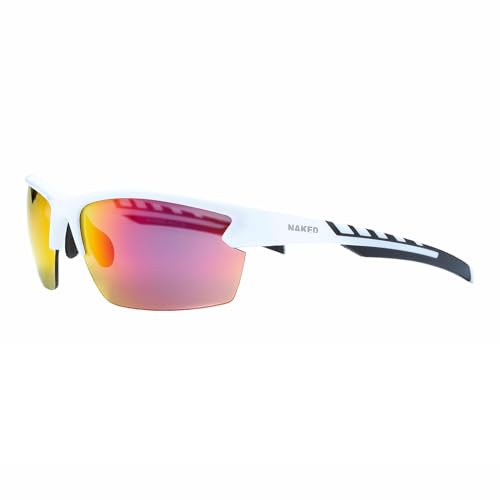 NAKED Optics Sportbrille Herren - Ultraleichte Fahrradbrille Damen - Bequeme Sport Sonnenbrille mit Anti-Slip Pads - Schnelle Brille ideal für Radfahren, Laufen & MTB Brille (Halfframe White/Lens Red)