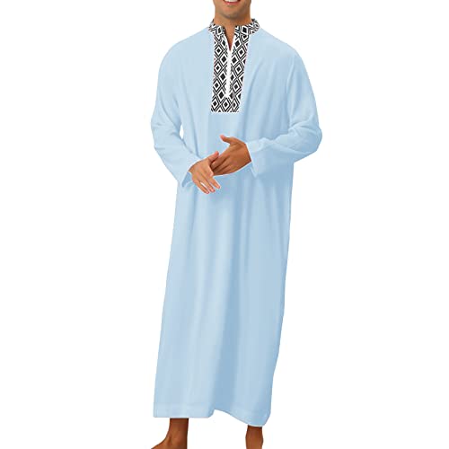 Celucke Abaya Herren Gebetskleidung für Männer Kaftan Islamische Kleidung V-Ausschnitt Arabische Kleidung Knopf Muslimische Kleider Islam Robe Thobe Lang Dubai Langärm Retro Lose Gebetskleid