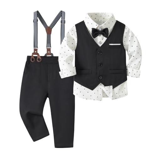 Volunboy Baby Anzug Jungen Anzugweste Hemd mit Fliege für Festlich Hochzeit Bekleidung Set 4tlg(Weiß Schwarz,2-3 Jahre,Größe 100)