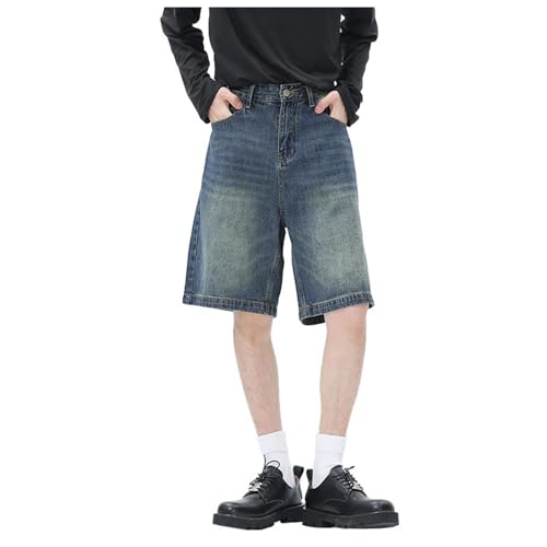 Generisch Lockere Vintage-Sommer-Jeansshorts mit weitem Bein geradem Bein Arbeitsjeans Herren Hosen Herren Blau Schlaghose Herren Hose Herren Stretch Arbeitshosen Herren Strech Leinenhose (Blue, L)