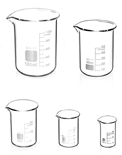 QWORK® 5stk Abgestufter Messbecher Glas Becherglas 5ml 10ml 25ml 50ml 100ml Set für Labor Küche