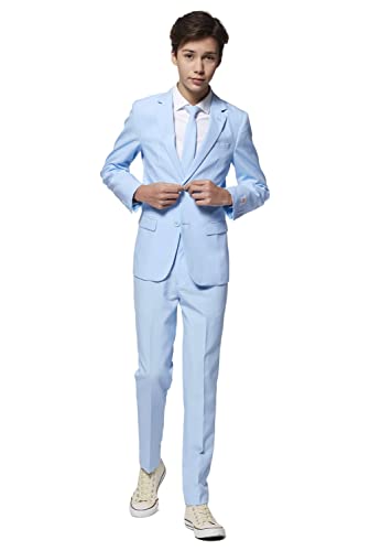 OppoSuits Cool Blue Einfarbiger Anzug für Teenager-Jungen - Abschlussball- und Hochzeitsfeier-Outfit - einschließlich Blazer, Hose und Krawatte - Blau