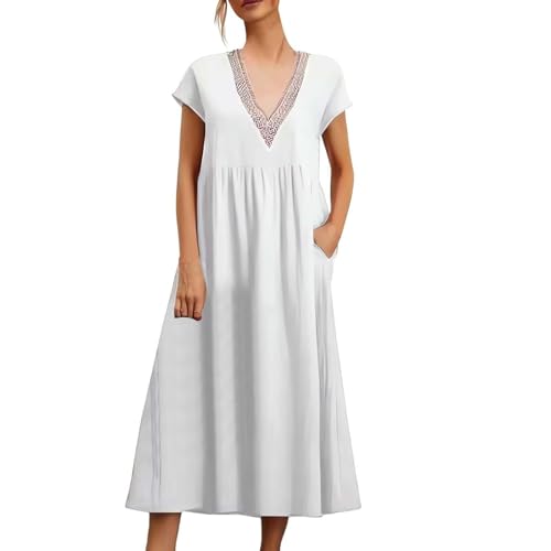 Henagehde Hemdkleid für Damen, Sommer, V-Ausschnitt, T-Shirt, Arbeitskleid, schick und elegant, lässig, einfarbig, Hemd, Retro-Kleid, Strandkleid, Urlaub, Midikleid, lockeres Kleid, langes Kleid,