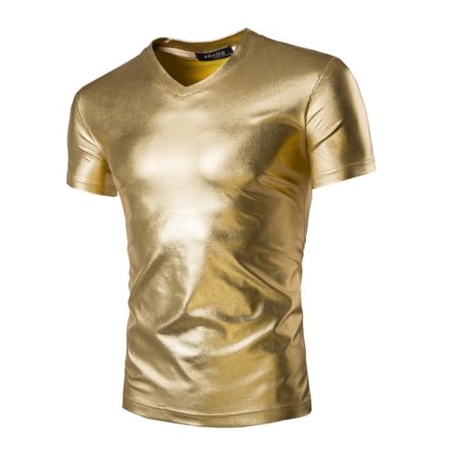 Metallische T-Shirts für Herren, kurze Ärmel, glänzende Tunika-Oberteile für Clubwear, V-Ausschnitt, solides Party-T-Shirt, Blusen-T-Shirt, schmal geschnittene, lässige Pullover für den Nachtclub