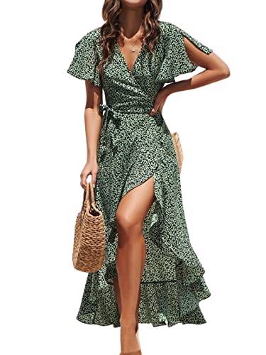 CUPSHE Damen Kleid V Ausschnitt Kurzarm High Low Wickelkleid Rüschensaum Lange Freizeitkleider Sommer Strand Maxi Dress Grün M