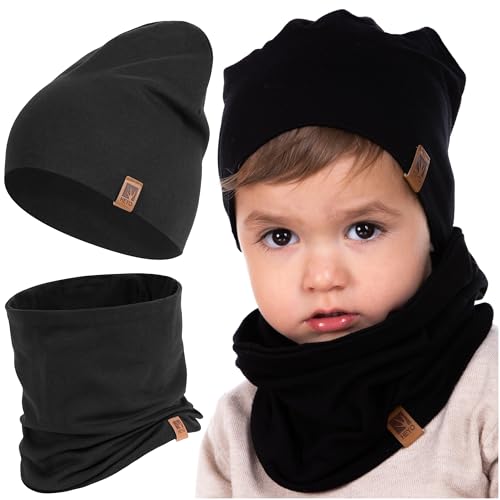 HEYO Kinder Set Beanie Mütze Schlauchal Baumwolle Rundschal weich Mädchen Jungen Herbst Frühling Frühlinsset Herbstset (Schwarz)