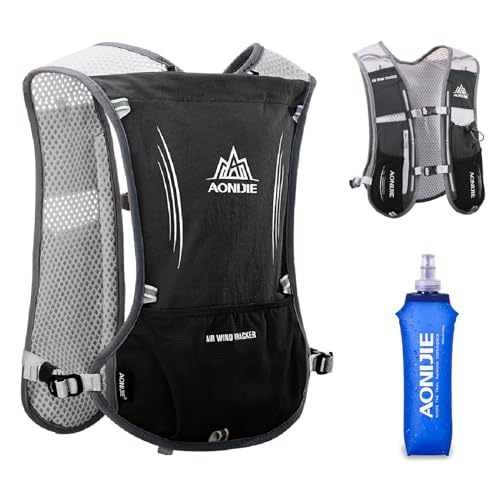 TRIWONDER 5L Ultraleicht Trinkrucksack, Trail Run Rucksack Trinkweste Hydration Pack Fahrradrucksack fürr Marathoner, Laufen, Camping, Wandern, Joggen (Schwarz - mit 500ml Wasserflasche)