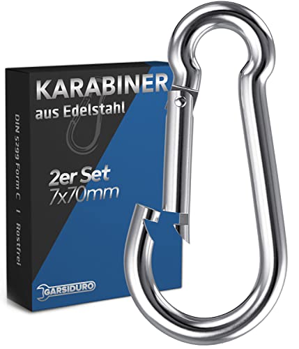 GARSIDURO® Edelstahl Karabiner | 2er Set 7x70 mm | Karabinerhaken DIN 5299 rostfrei | Feuerwehr Karabiner mit Schnappverschluss geeignet als Schlüsselanhänger Karabiner oder Schwerlast Karabiner