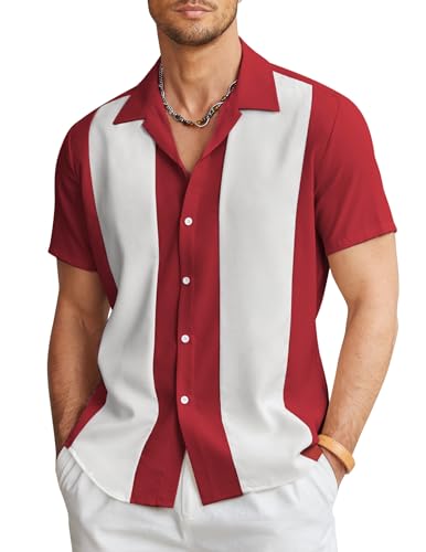 COOFANDY Herren Vintage Bowlingshirt Kurzarm Button Down Sommer Kuba Strand Shirts, Weinrot / Weiß, Mittel