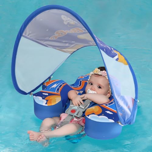 Swimbobo Nicht aufblasbarer Baby-Schwimmer, Stoff, Schwimmtrainer, Kleinkind, Pool schwimmt mit Baldachin, weiches, hautfreundliches Ledermaterial für Baby (blau)