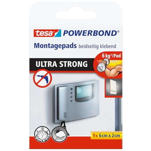 tesa Powerbond Ultra Strong Klebepads / Doppelseitige Pads für die Montage im Innen- sowie geschützten Außenbereich - beidseitig ultrastark klebend / Verpackung mit 9 Pads