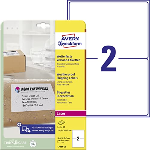 AVERY Zweckform L7996-25 wetterfeste Versandetiketten/ Versandaufkleber (50 Etiketten, 199,6 x 143,5mm auf DIN A4, bedruckbar, selbstklebend, für Pakete, Päckchen und Versandrollen) 25 Blatt, weiß