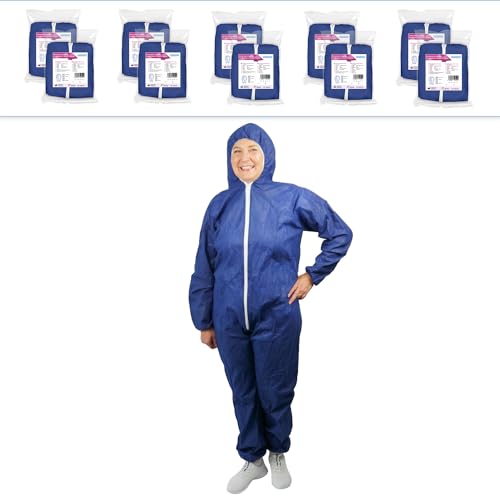 ARNOMED 10x PP-Schutzanzug Extra Stark, Ganzkörperanzug Blau 50g/m², Maleranzug-Einweg XL, Arbeits-Overalls für Herren/Damen mit Kapuze, Einweg Overall, Schutzanzug Einweg, Lackieranzug