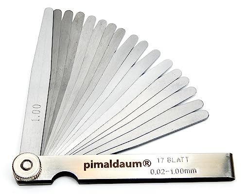 PIMALDAUM® Fühlerlehre 17 Klingen, 0,02-1,00 mm, gem. DIN 2275, Manganstahl zur einfachen und präzisen Messung und Prüfung von Spaltbreiten, Dicken und Abständen/Gaps